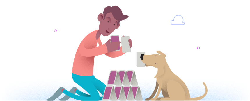 An image of a man and dog with cards