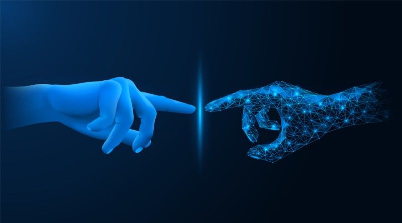 image of human hand touching AI hand